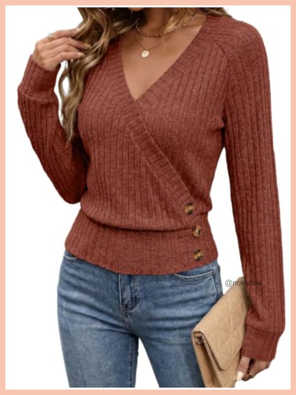 Women's Ribbed Knit Surplice V-Neck Wrap Sweater Long Sleeve Fall Top